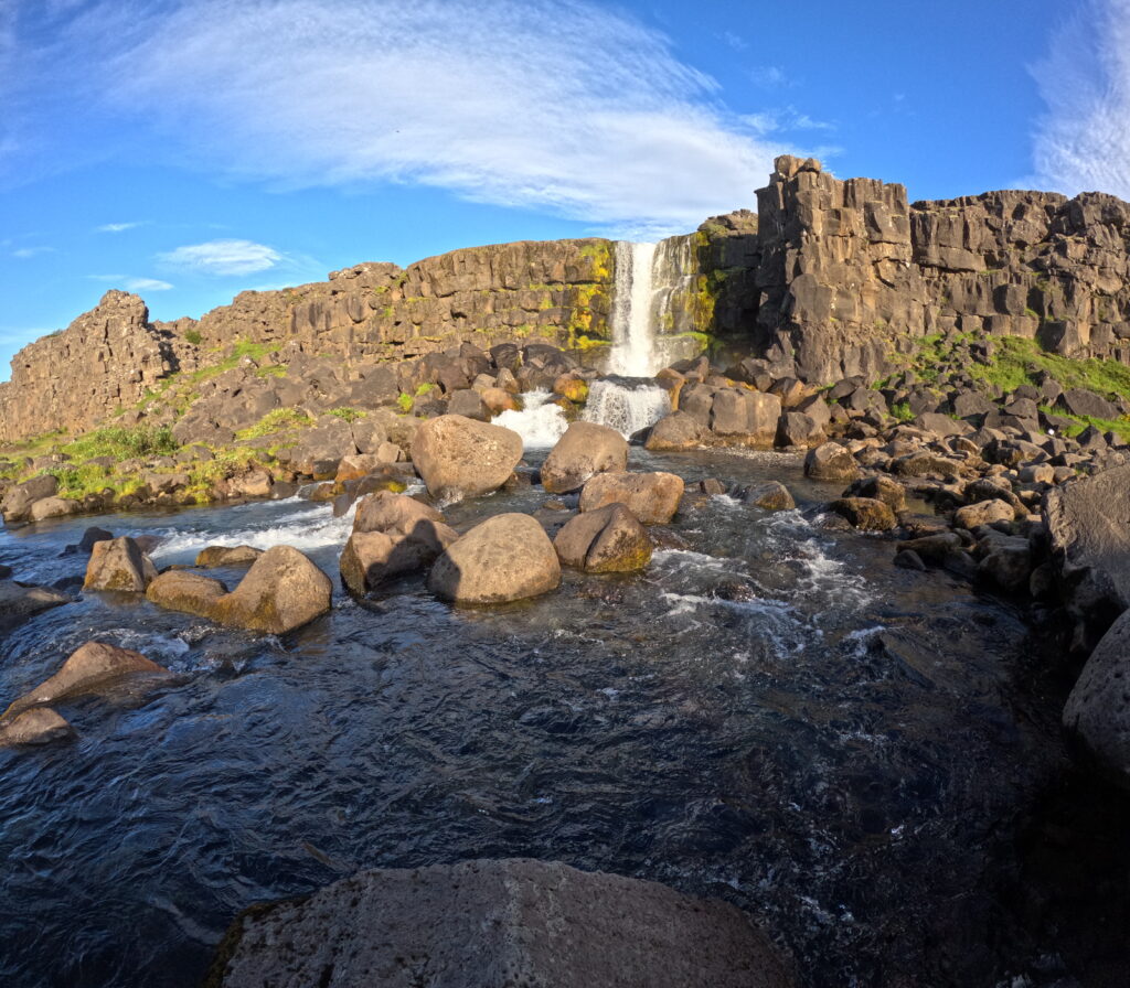 tourist picture of oaxarvoss falls thingvellir national park golden circle iceland