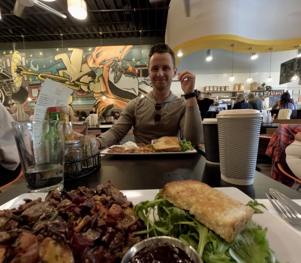 tourist eating brunch at Jam in bozeman, montana